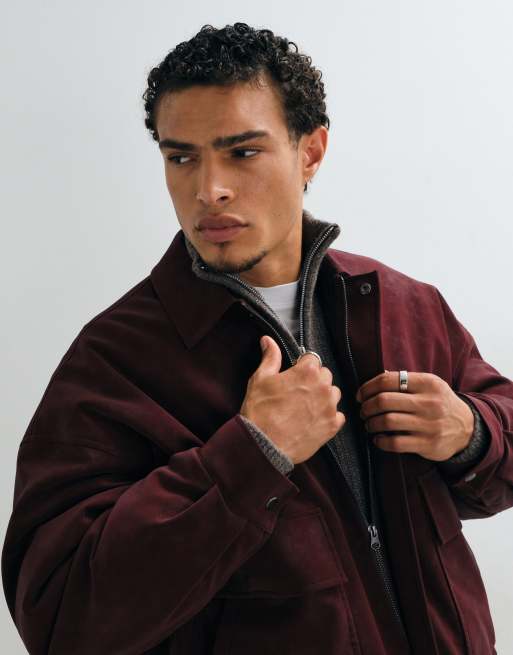 ASOS DESIGN suede bomber jacket in red, 3 of 5