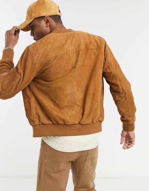 ASOS Suede Bomber Jacket In Tan in Brown for Men