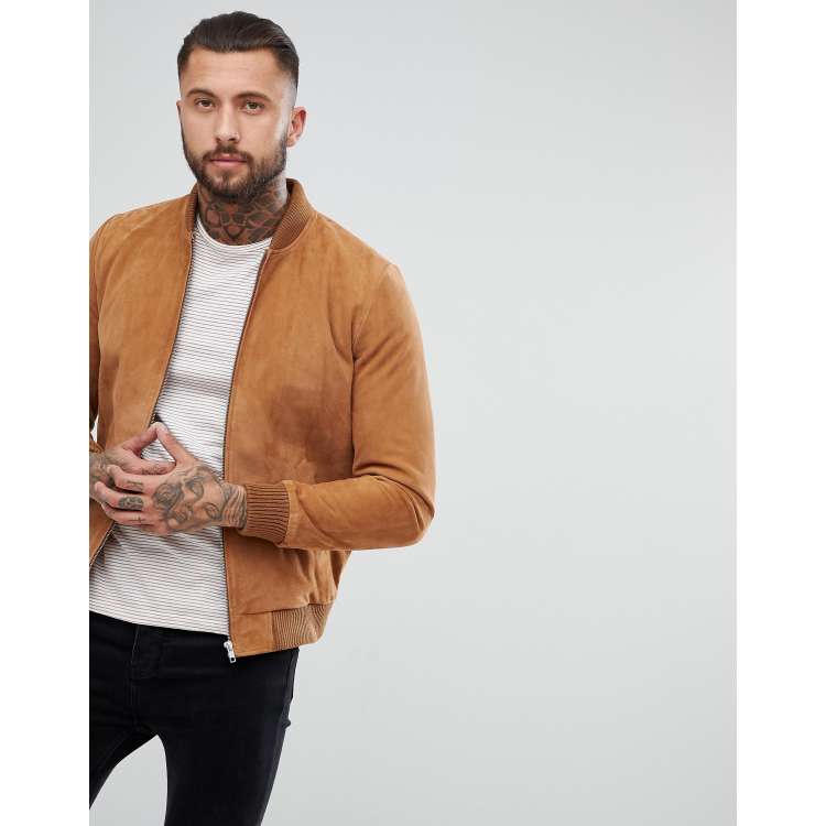 ASOS Suede Bomber Jacket In Tan in Brown for Men