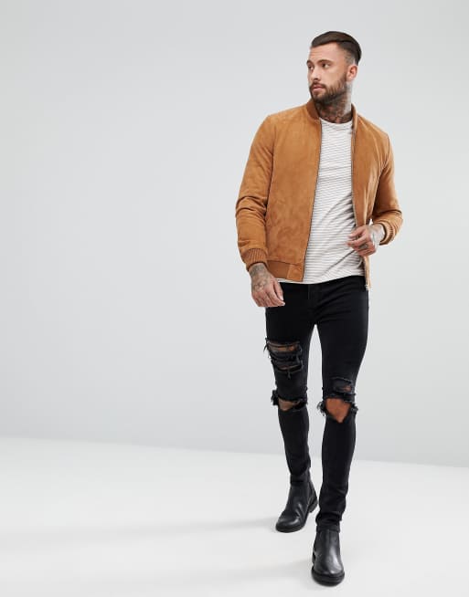 Suede bomber hot sale jacket outfit