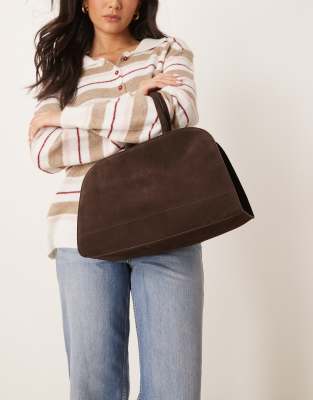 suede bowler tote bag in chocolate-Red