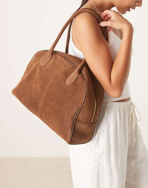 ASOS DESIGN suede bowler tote bag in chocolate
