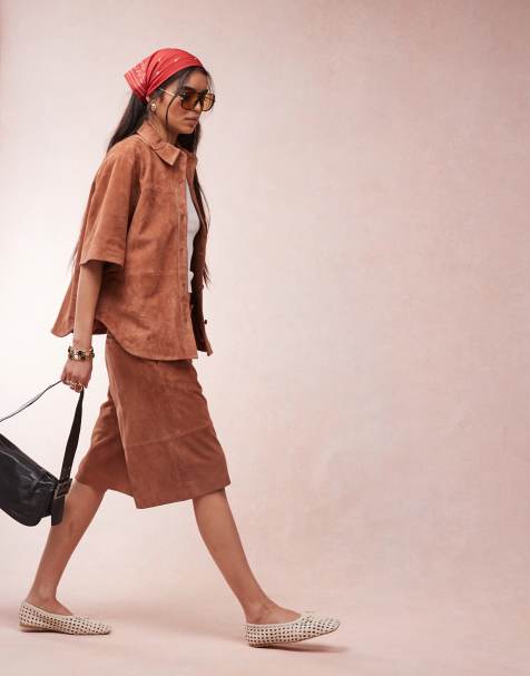 ASOS DESIGN suede boxy shirt and shorts set in tan - view 1