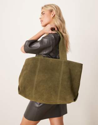 suede boxy tote bag in green