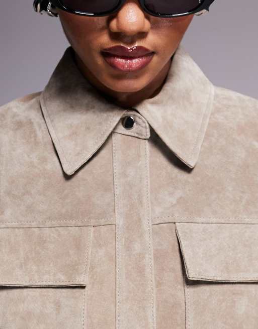 ASOS DESIGN suede boxy utility shirt in beige - part of a set, 2 of 4