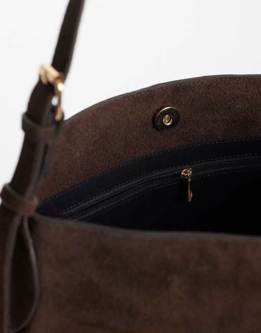 ASOS DESIGN suede bucket bag in chocolate, 3 of 4