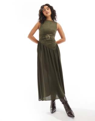 Asos Design Suede Buckle Asymmetric Waist Midi Dress In Khaki-green