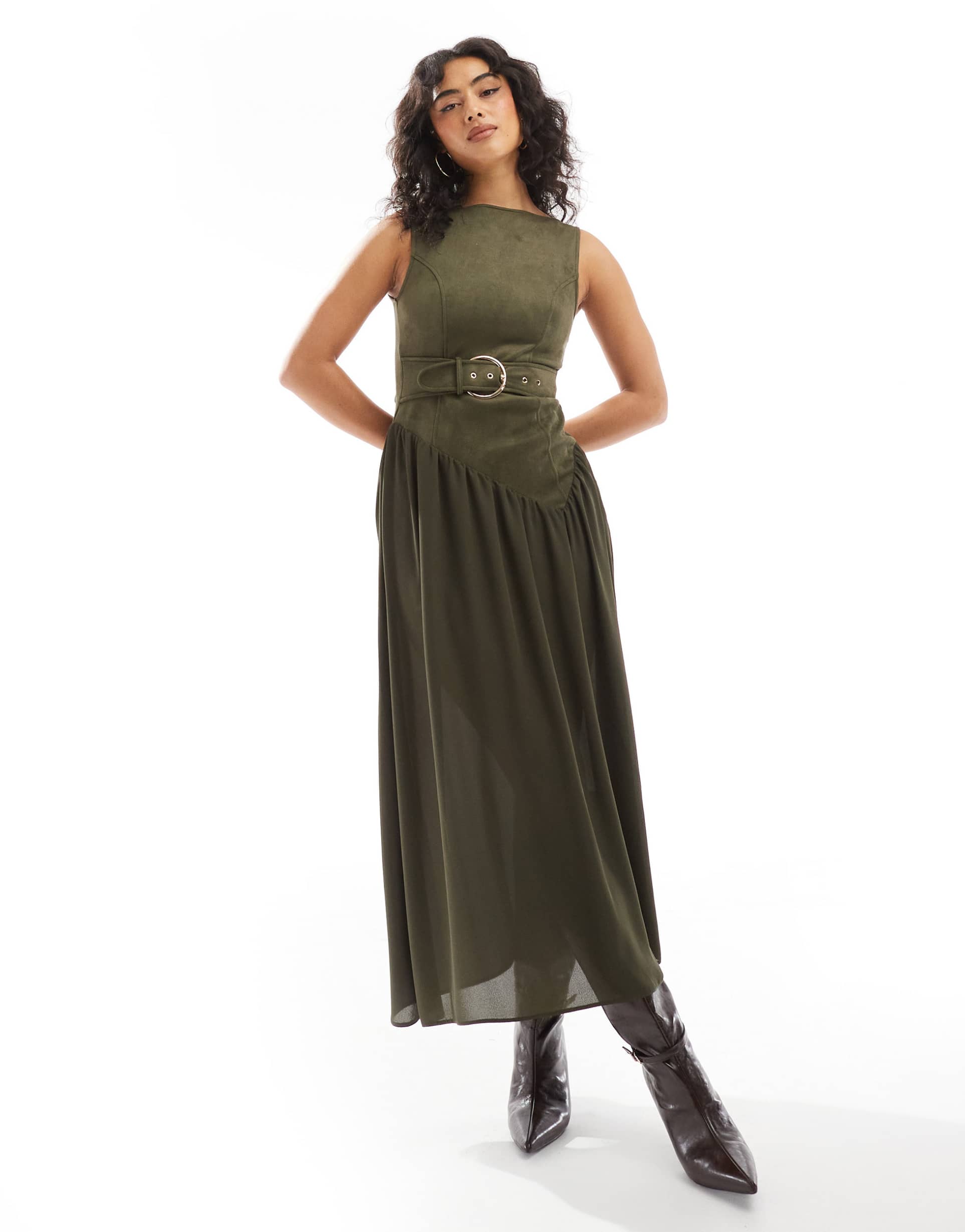 asos design suede buckle asymmetric waist midi dress in khaki