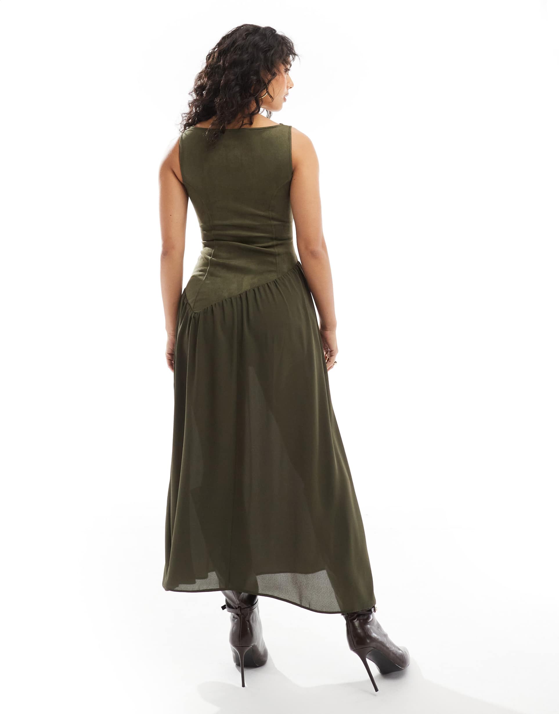 asos design suede buckle asymmetric waist midi dress in khaki