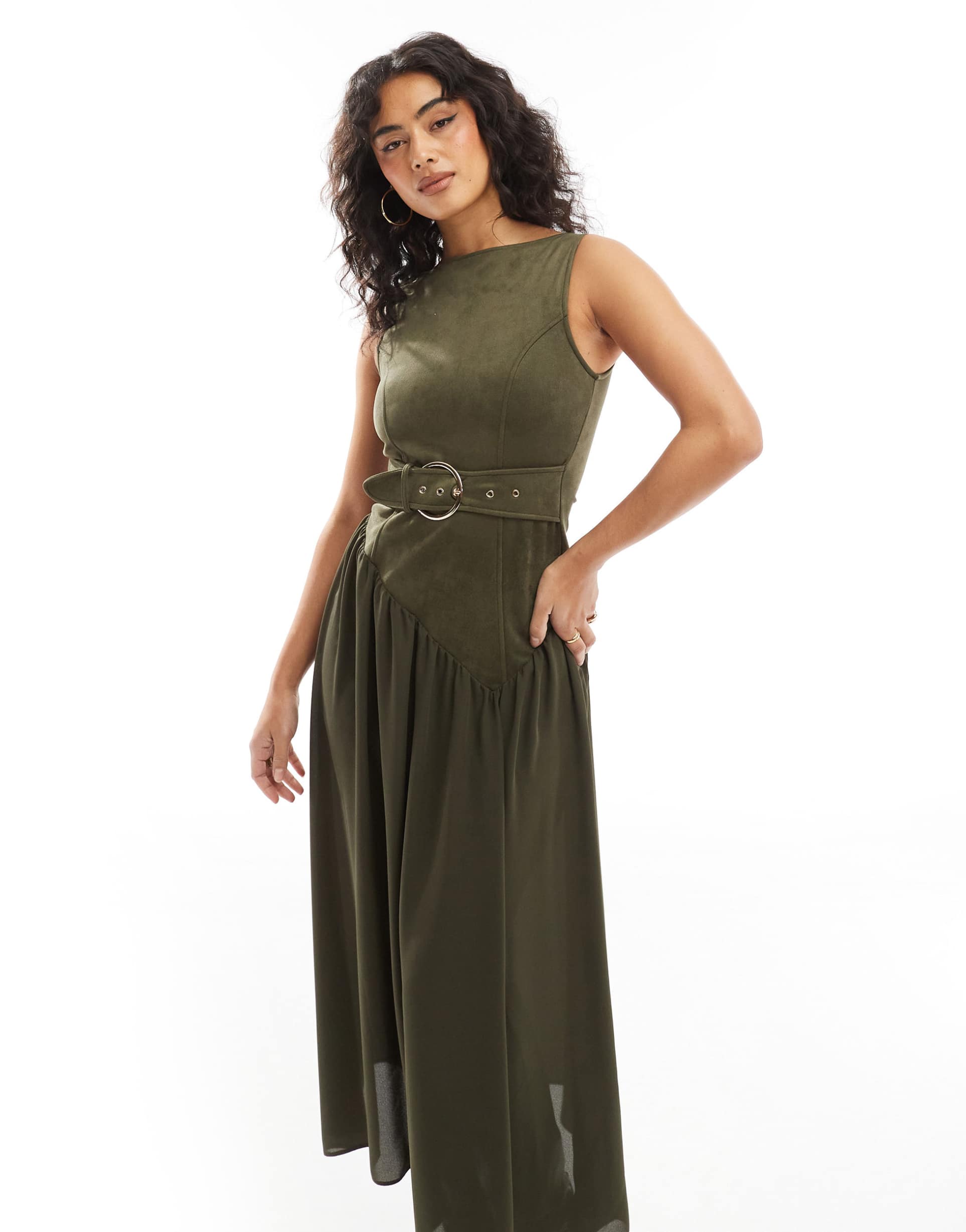 asos design suede buckle asymmetric waist midi dress in khaki