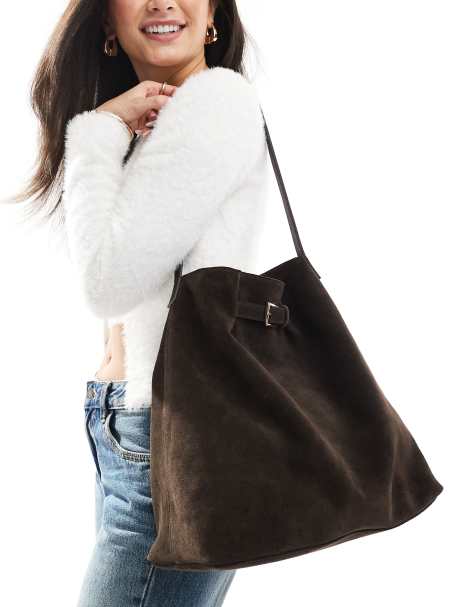 ASOS DESIGN suede buckle detail tote bag in chocolate - view 1