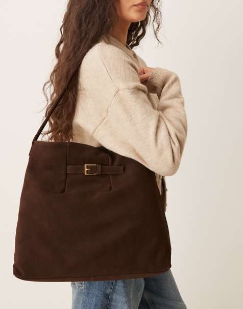 ASOS DESIGN suede buckle detail tote bag in chocolate - view 1