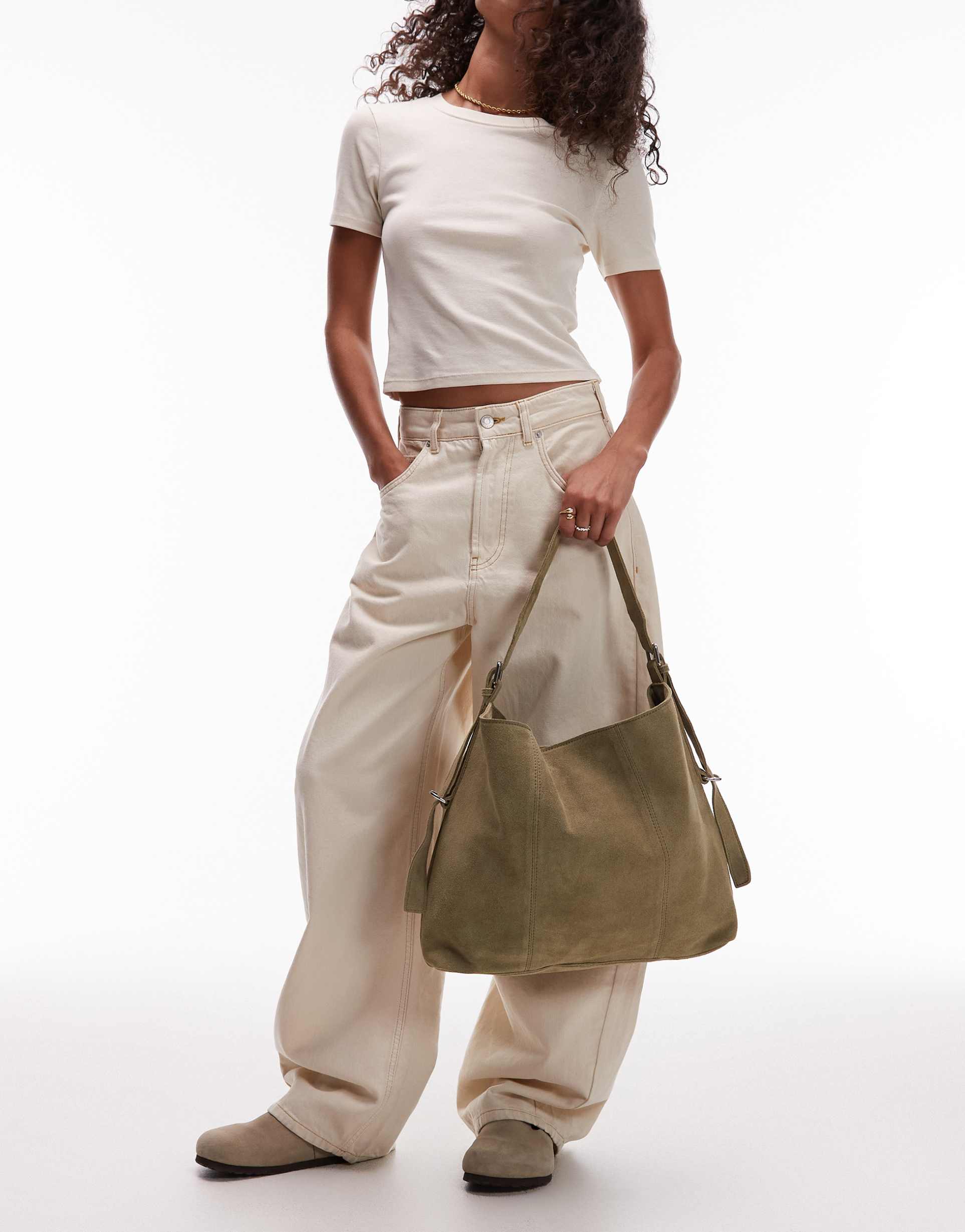 asos design suede buckle tote bag in sage green