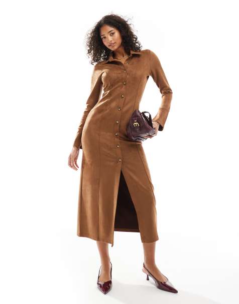 ASOS DESIGN suede button through long sleeve maxi dress in tan - view 1