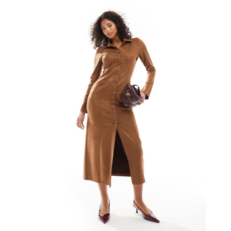 ASOS DESIGN suede button through long sleeve maxi dress in tan