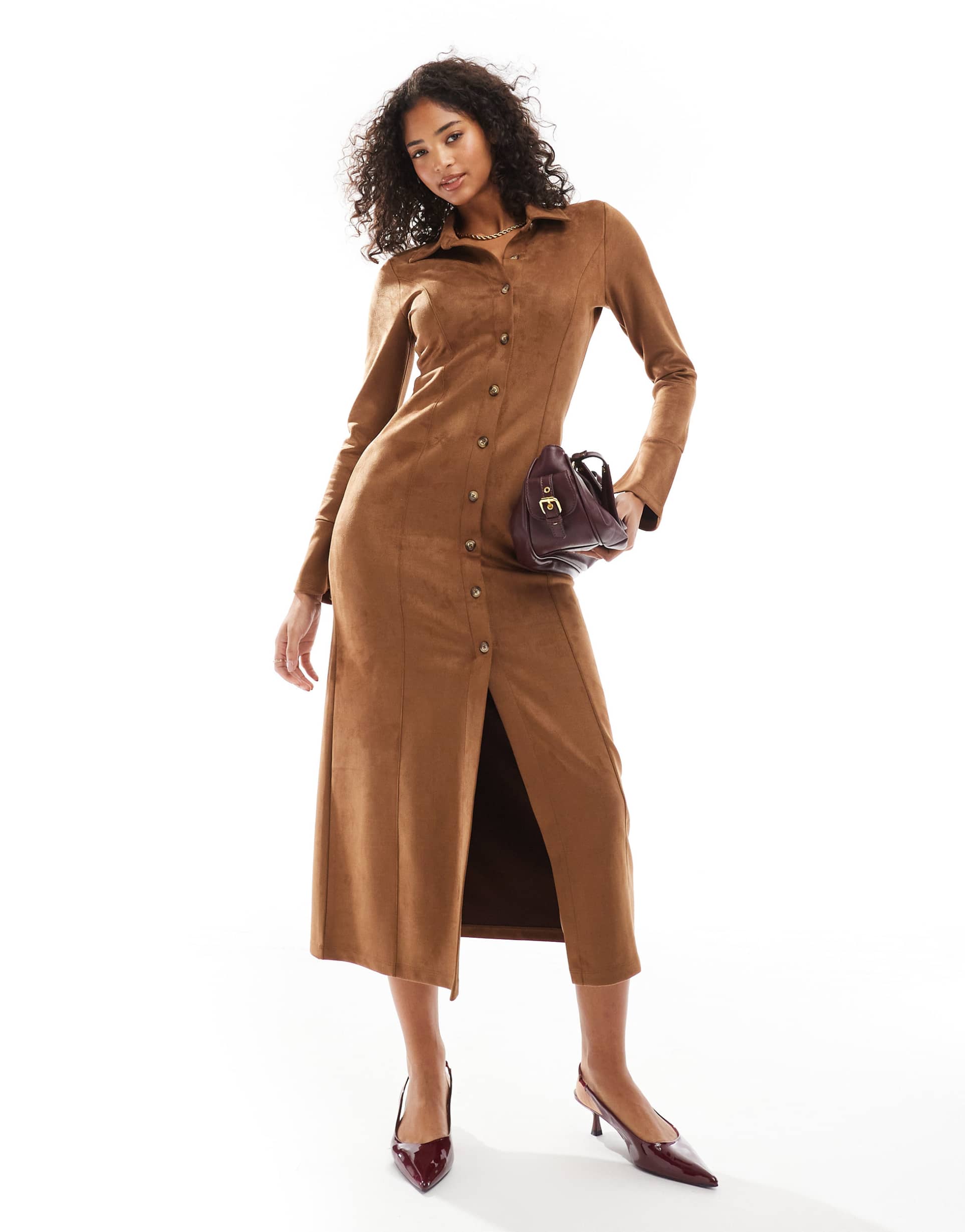 asos design suede button through long sleeve maxi dress in tan