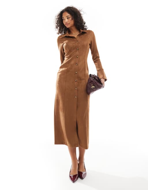 ASOS DESIGN suede button through long sleeve maxi dress in tan ASOS