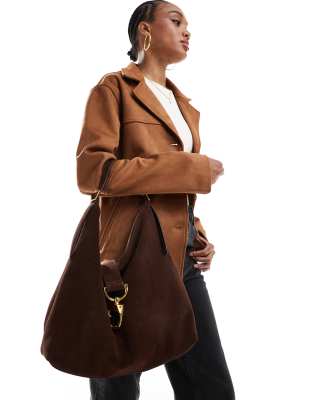 Asos Design Suede Clip Hardware Tote Bag In Brown