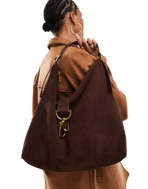 ASOS DESIGN suede clip hardware tote bag in chocolate