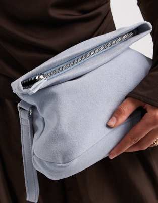 Asos Design Suede Clutch Bag With Fold Corner Detail And Detachable Crossbody Strap In Blue