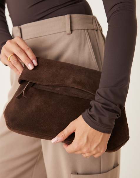 ASOS DESIGN suede clutch bag with fold corner detail in chocolate - view 1