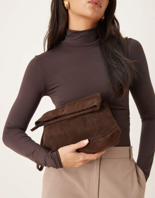 ASOS DESIGN suede clutch bag with fold corner detail in chocolate, 4 of 4
