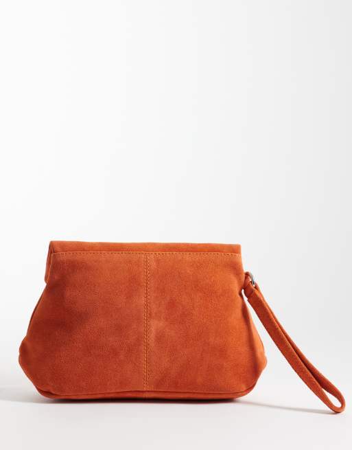 ASOS DESIGN suede clutch bag with fold top detail in orange, 4 of 4