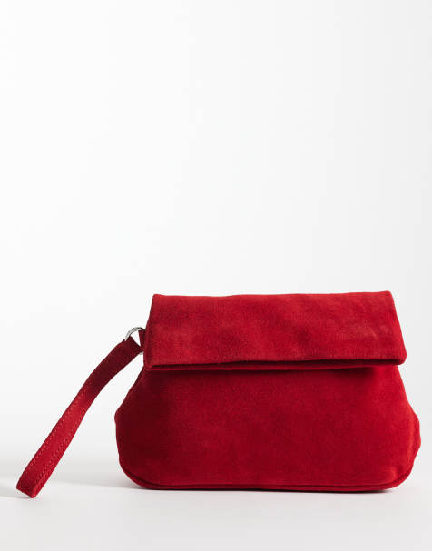 ASOS DESIGN suede clutch bag with fold top detail in red - view 1