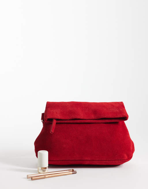 ASOS DESIGN suede clutch bag with fold top detail in red, 2 of 4