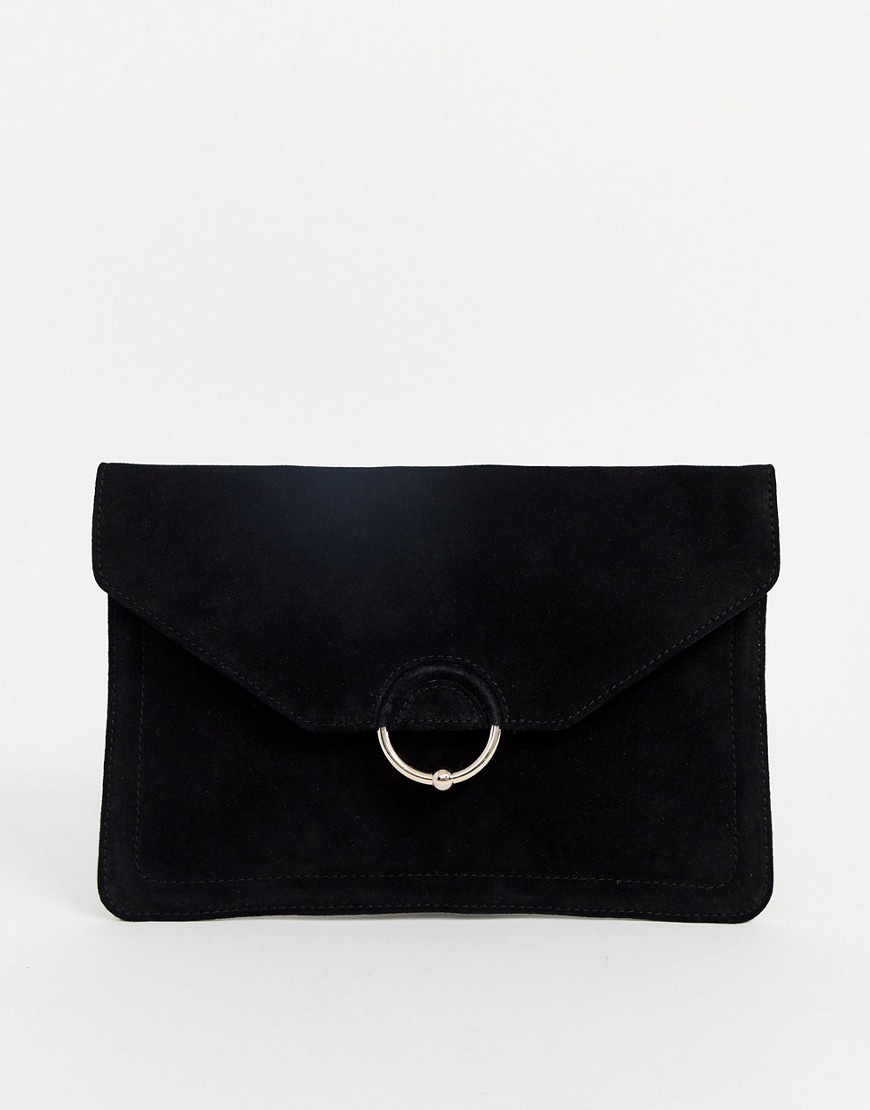 ASOS DESIGN suede clutch bag with ring and ball detail-Black