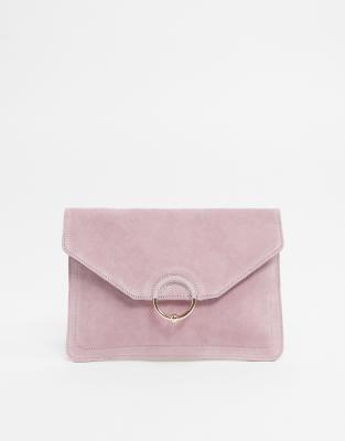 blush suede clutch bag