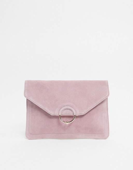 ASOS DESIGN SUEDE clutch bag with ring and ball detail