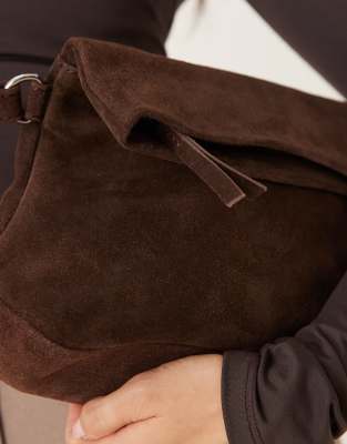 Asos Design Suede Clutch Purse With Folded Corner Detail And Detachable Crossbody Strap In Brown