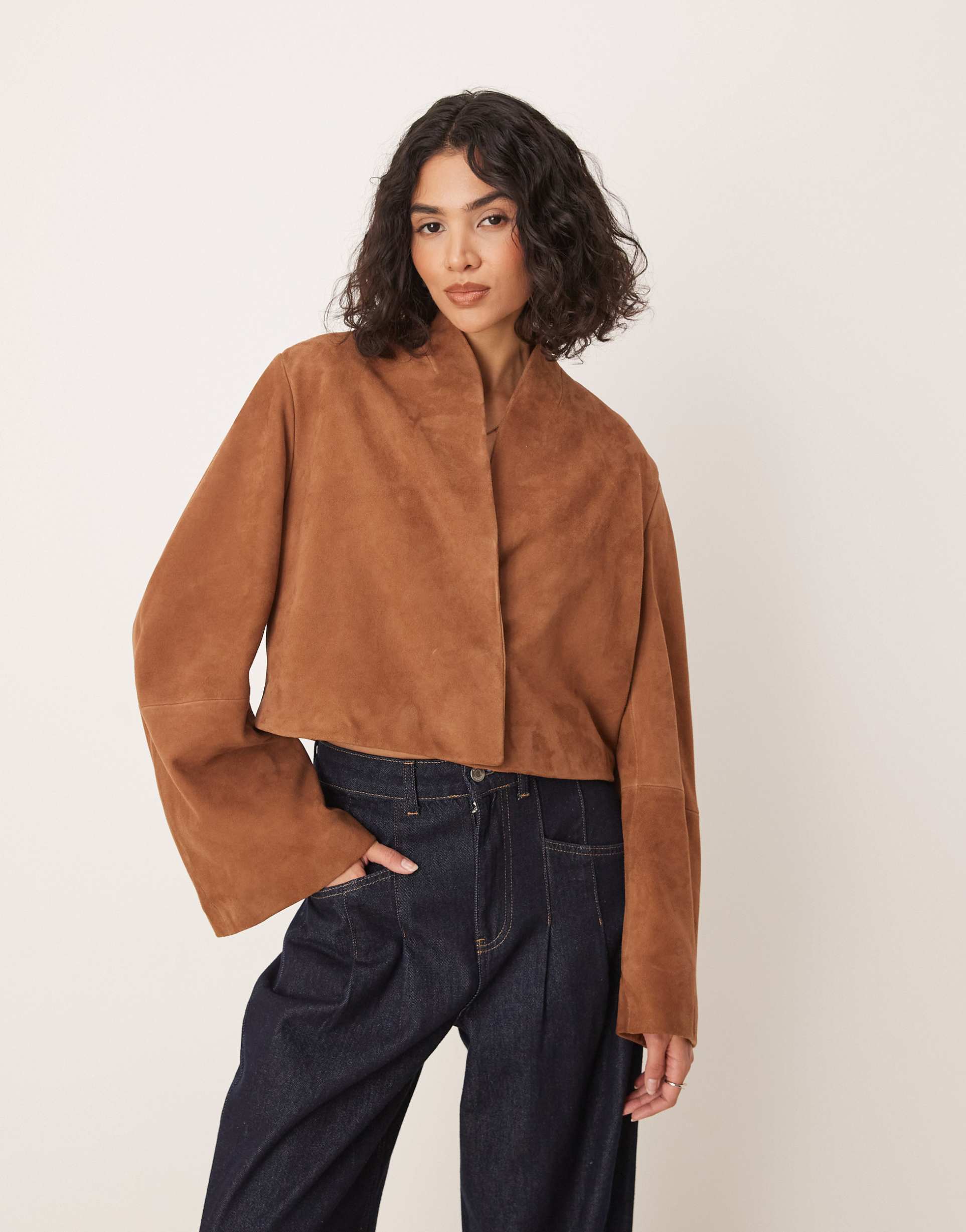 asos design suede cropped blazer in tan