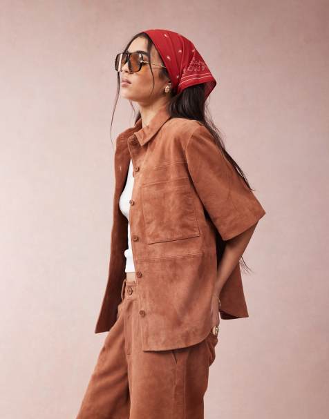 ASOS DESIGN suede cropped boxy shirt co-ord in tan