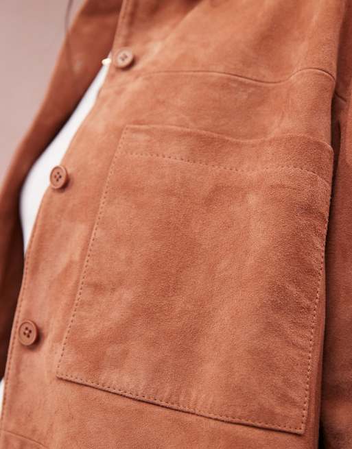 ASOS DESIGN suede cropped boxy shirt in tan - part of a set, 4 of 4