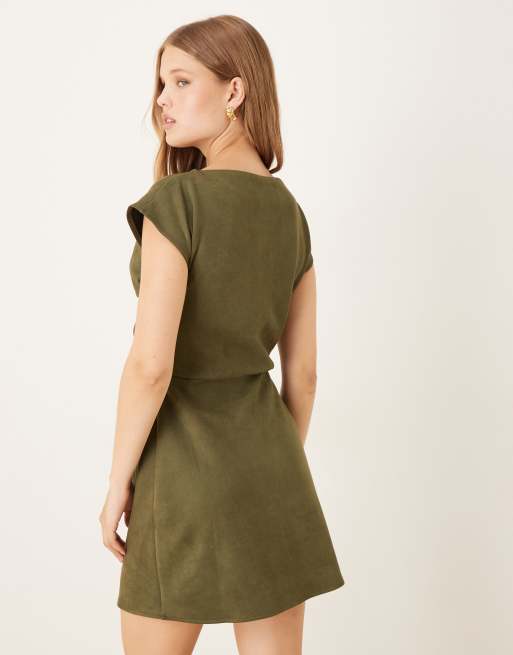 ASOS DESIGN  suede drape mini dress in khaki in scuba-style fabric, 2 of 4