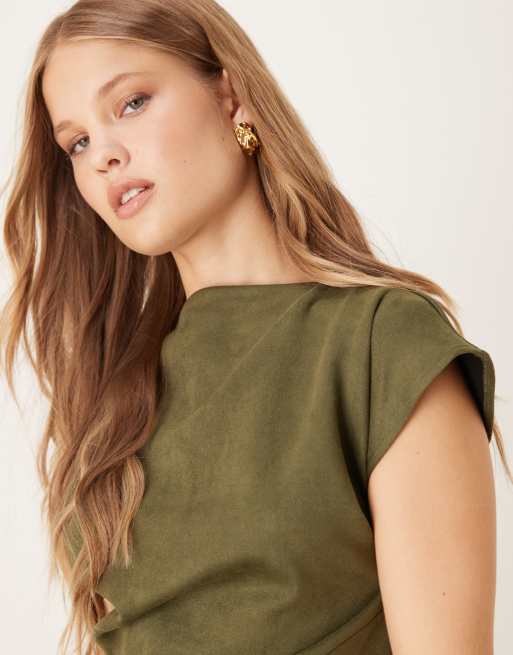 ASOS DESIGN  suede drape mini dress in khaki in scuba-style fabric, 3 of 4