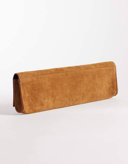 ASOS DESIGN suede elongated clutch bag with bar detail in brown, 2 of 4