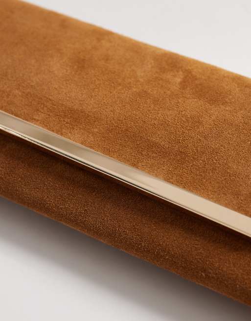 ASOS DESIGN suede elongated clutch bag with bar detail in brown, 3 of 4