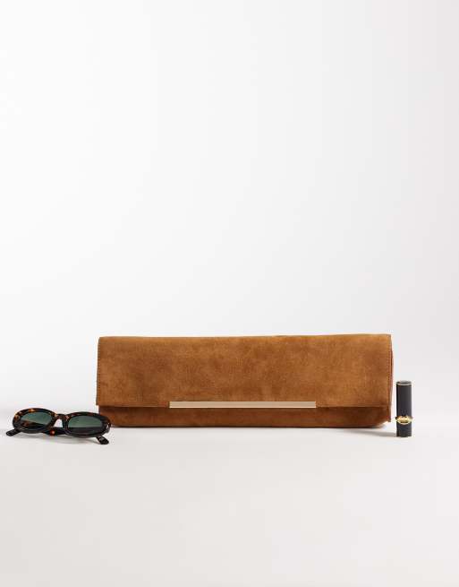 ASOS DESIGN suede elongated clutch bag with bar detail in brown, 4 of 4