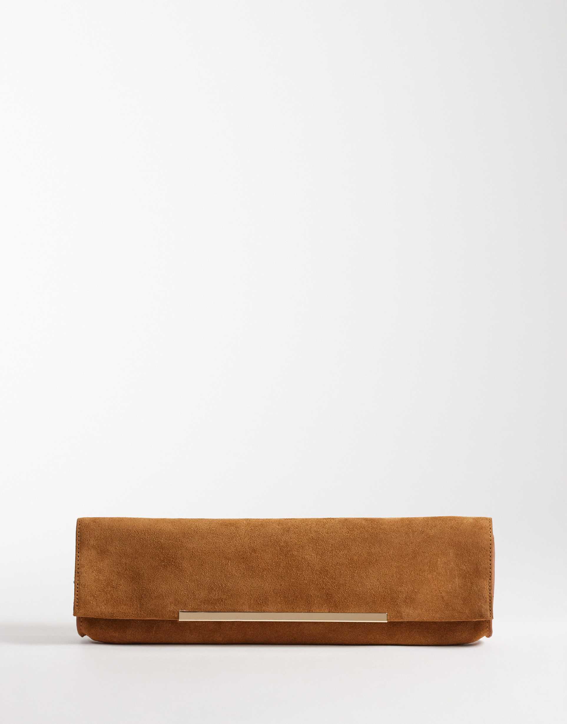 asos design suede elongated clutch purse with bar detail in chestnut brown