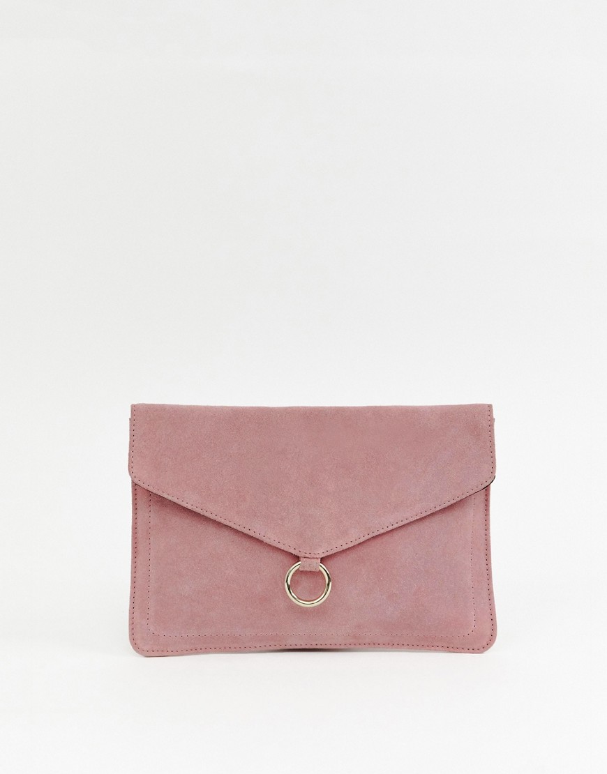 ASOS DESIGN suede envelope clutch bag with ring detail-Pink