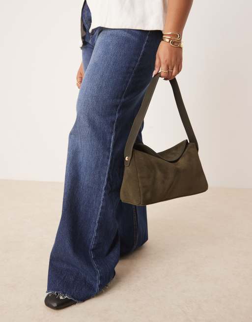 ASOS DESIGN suede flap shoulder bag in dark khaki, 3 of 4