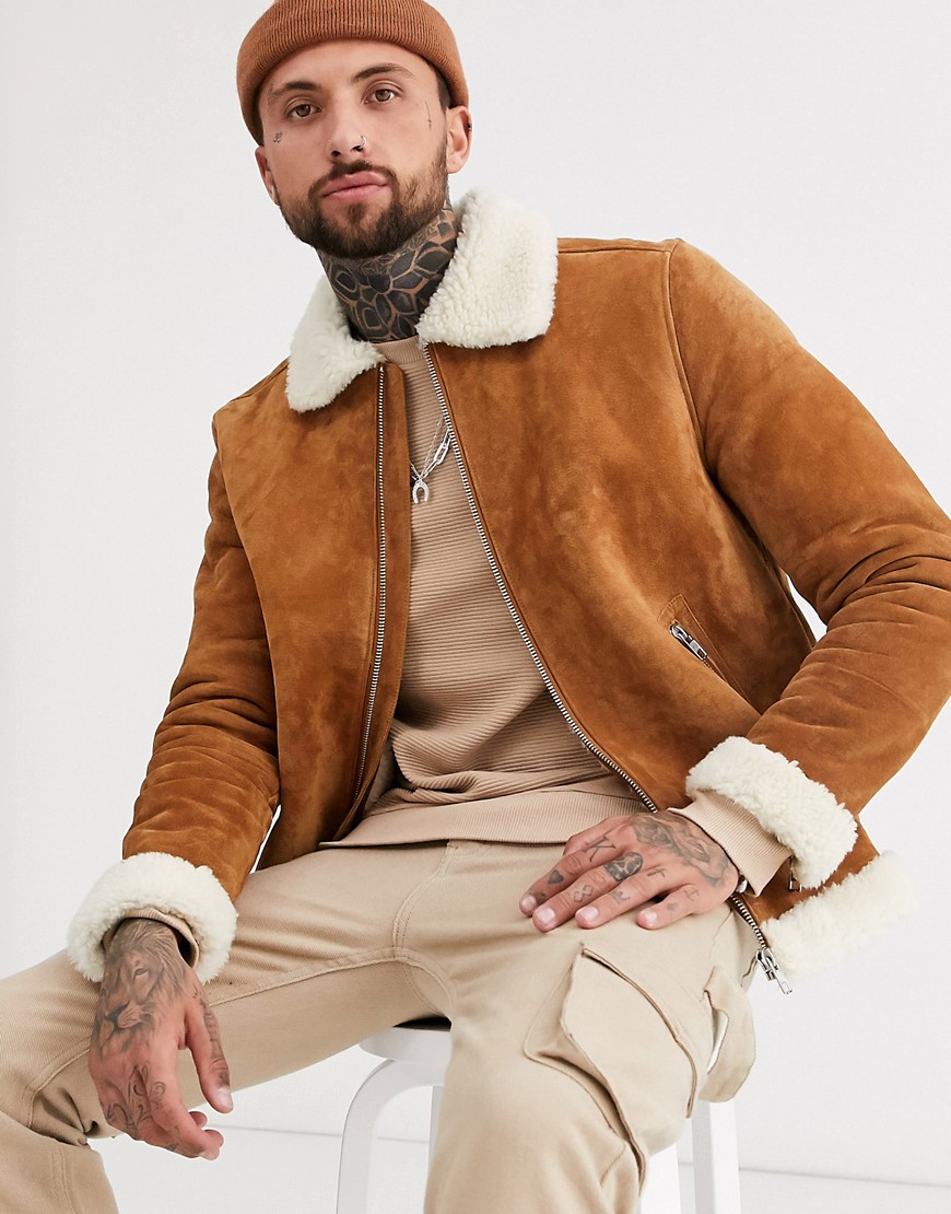 ASOS DESIGN suede flight jacket in brown with ecru teddy lining
