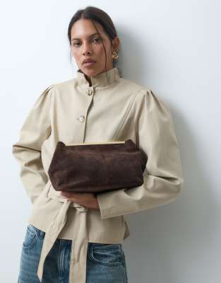 Asos Design Suede Frame Clutch Bag In Brown
