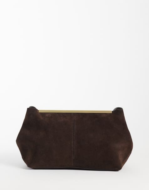 ASOS DESIGN suede frame clutch bag in chocolate - view 1