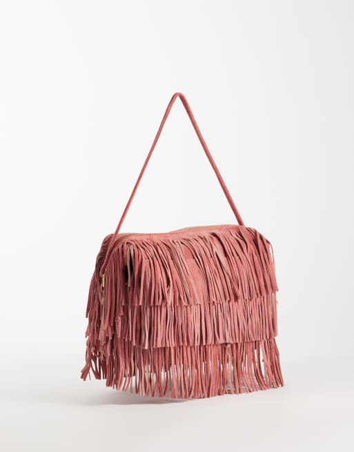 ASOS DESIGN suede fringe clutch bag with detachable shoulder strap in dusty pink, 4 of 4
