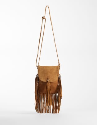 Asos Design Suede Fringe Crossbody Bag In Brown