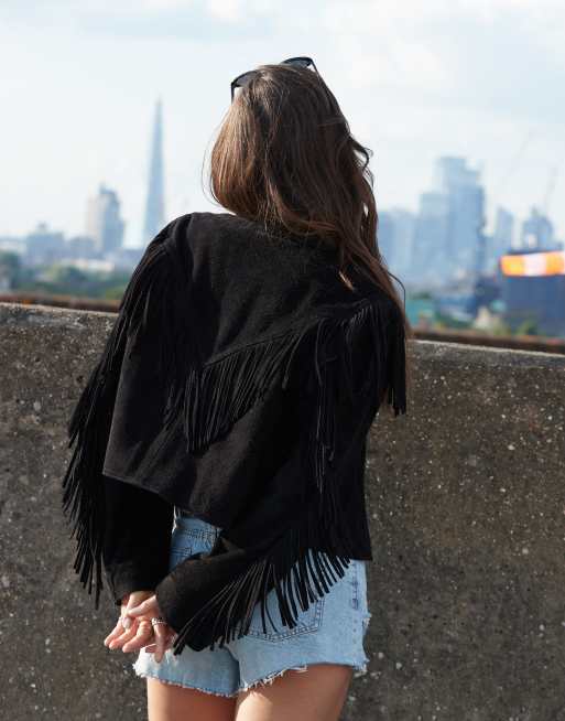 ASOS DESIGN suede fringe jacket in black ASOS